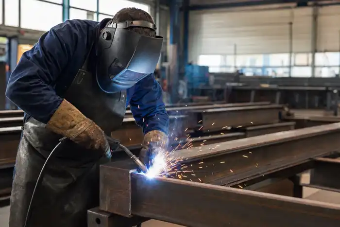 Welder using gas welding equipment in a commercial metal fabrication workshop
